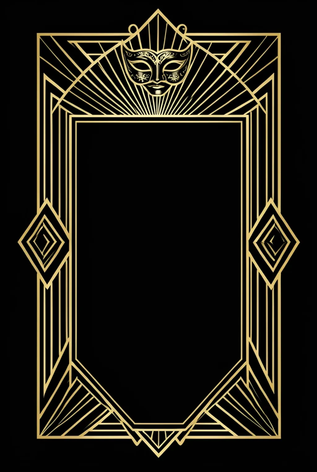 Art Deco gala invitation with an ornate black and gold geometric frame, mask emblem and blank centre panel