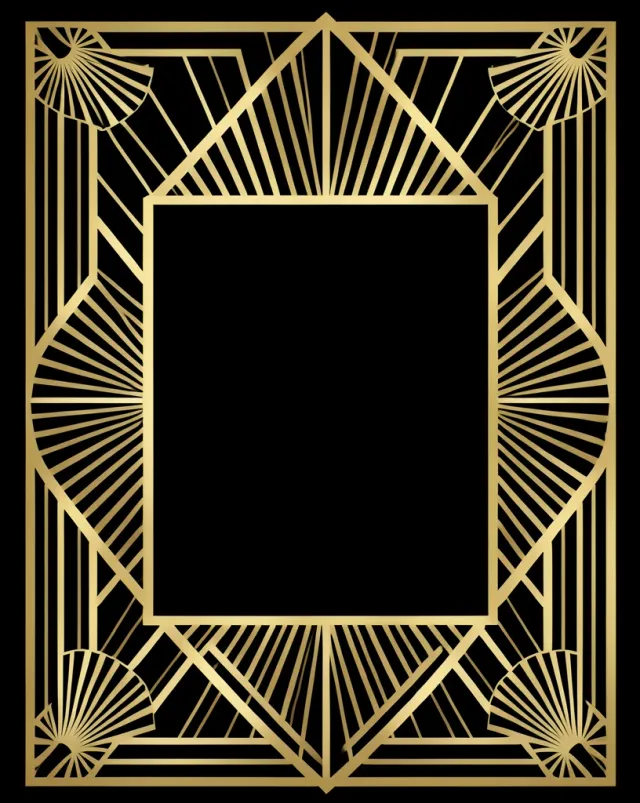 Art deco Gatsby invitation with gold geometric frame and blank text areas