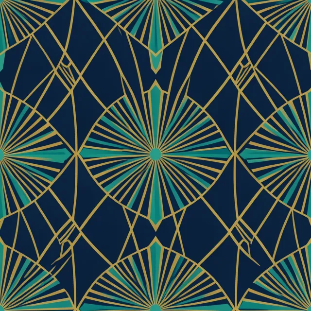 Art deco geometric seamless tile with gold sunburst motifs on navy background