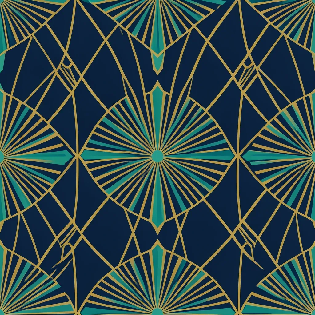 Art deco geometric seamless tile with gold sunburst motifs on navy background