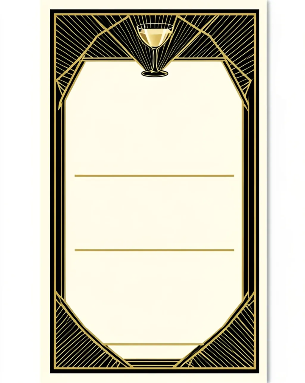 1920s Art Deco menu card with black and gold border, champagne coupe motif and three blank course sections