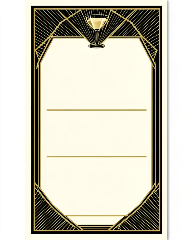 1920s Art Deco menu card with black and gold border, champagne coupe motif and three blank course sections