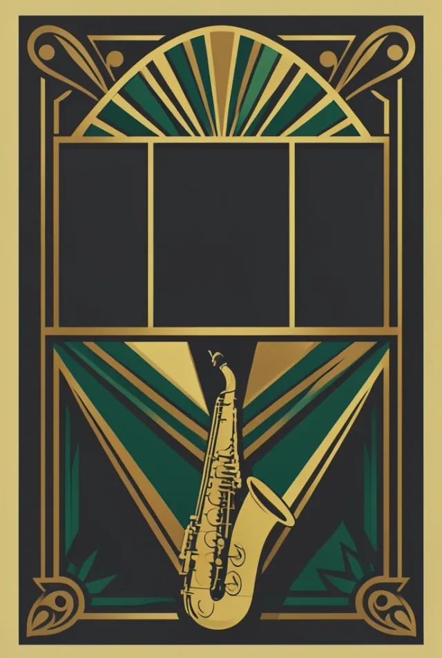 Art deco jazz typography poster with geometric letters and brass accents