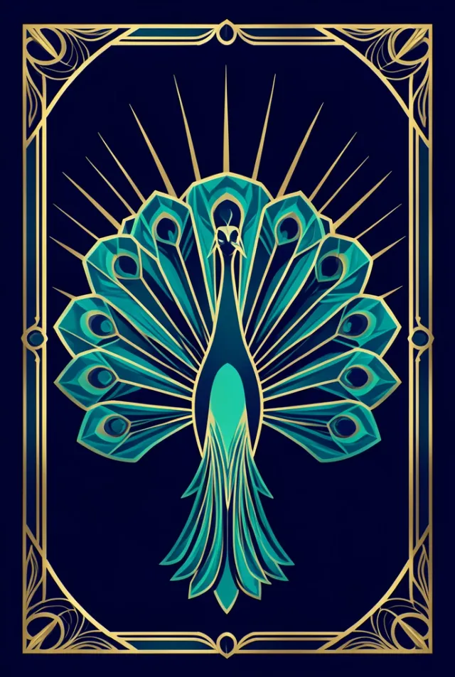 An art deco peacock with geometric gold and teal fanned feathers on a navy ground