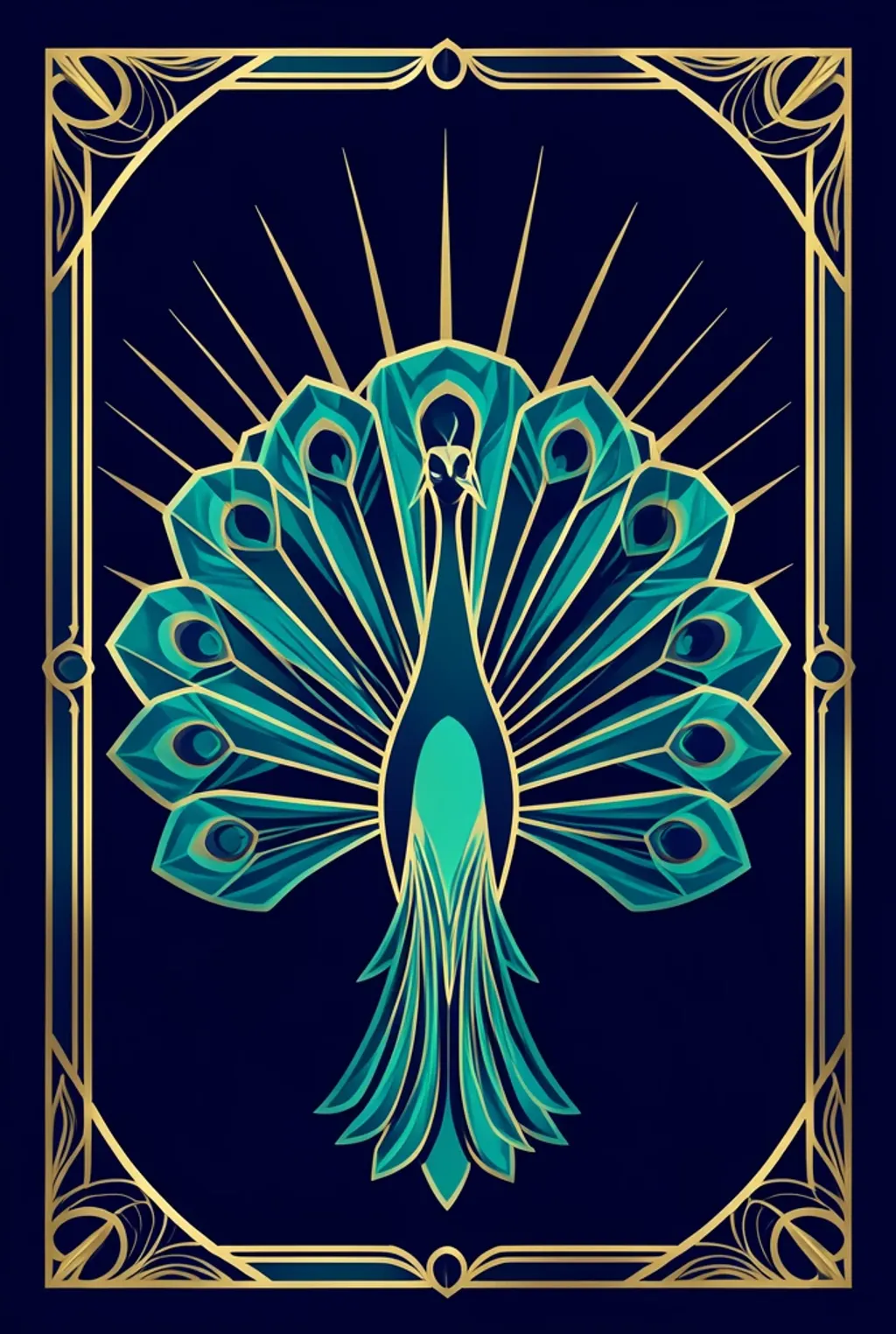 An art deco peacock with geometric gold and teal fanned feathers on a navy ground