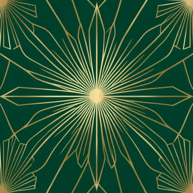Art deco symmetrical gold sunburst pattern with fan shapes on a deep emerald background