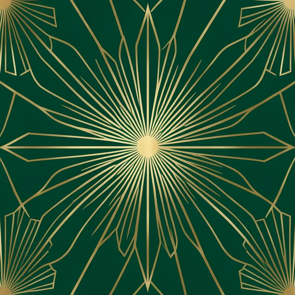 Art deco symmetrical gold sunburst pattern with fan shapes on a deep emerald background