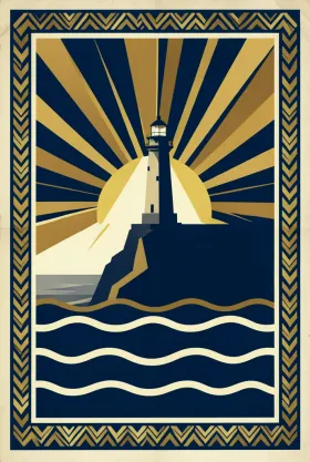 Art Deco travel poster of a lighthouse on a cliff with geometric sunrise in navy gold and cream