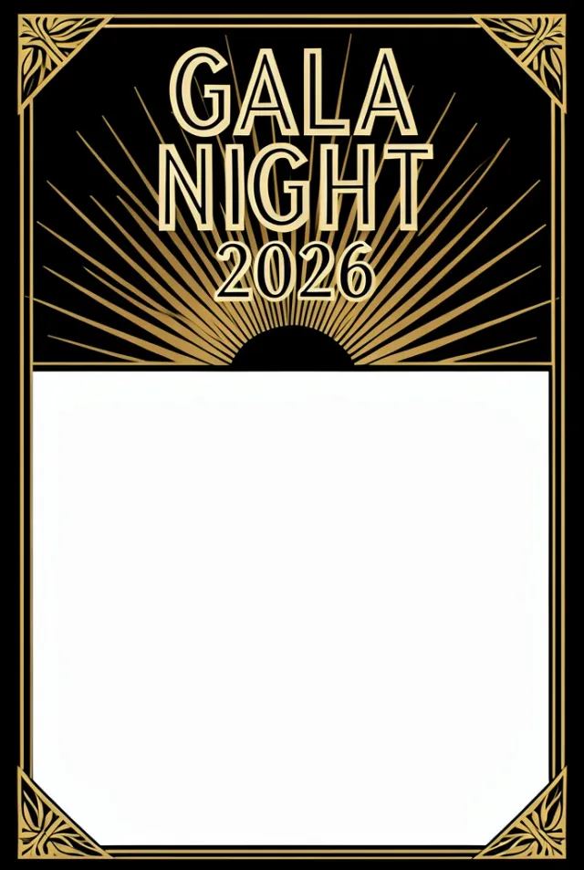 Art deco event poster with tall GALA NIGHT letters and gold sunburst fan