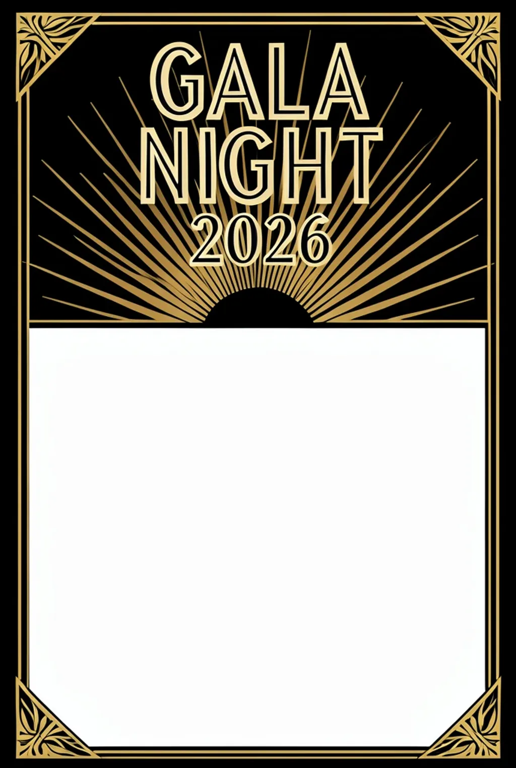 Art deco event poster with tall GALA NIGHT letters and gold sunburst fan