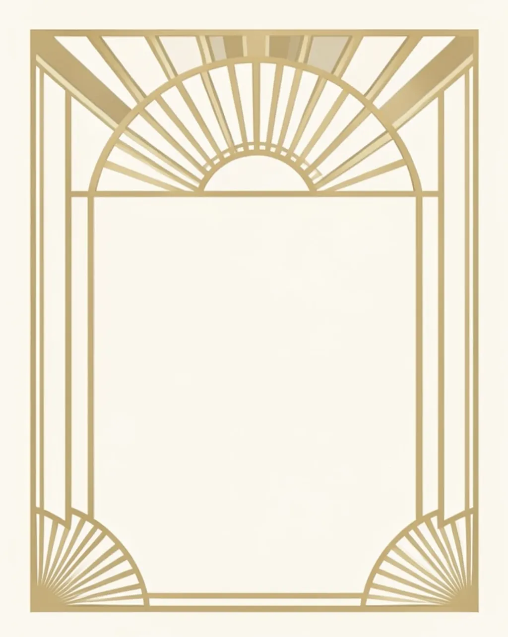 Art Deco wedding save-the-date card with a gold sunburst arch frame and an empty center panel on ivory, 1920s style