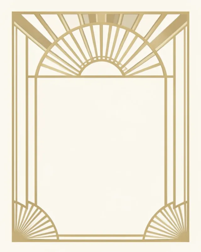 Art Deco wedding save-the-date card with a gold sunburst arch frame and an empty center panel on ivory, 1920s style