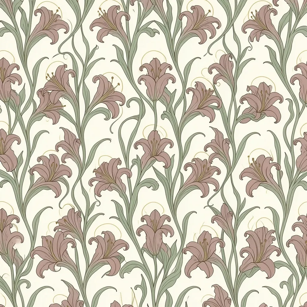 Art nouveau seamless lily pattern with sinuous curves in sage rose and antique gold on cream