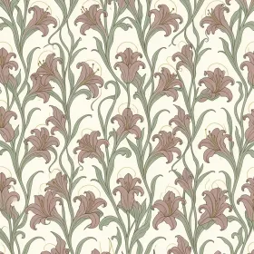 Art nouveau seamless lily pattern with sinuous curves in sage rose and antique gold on cream
