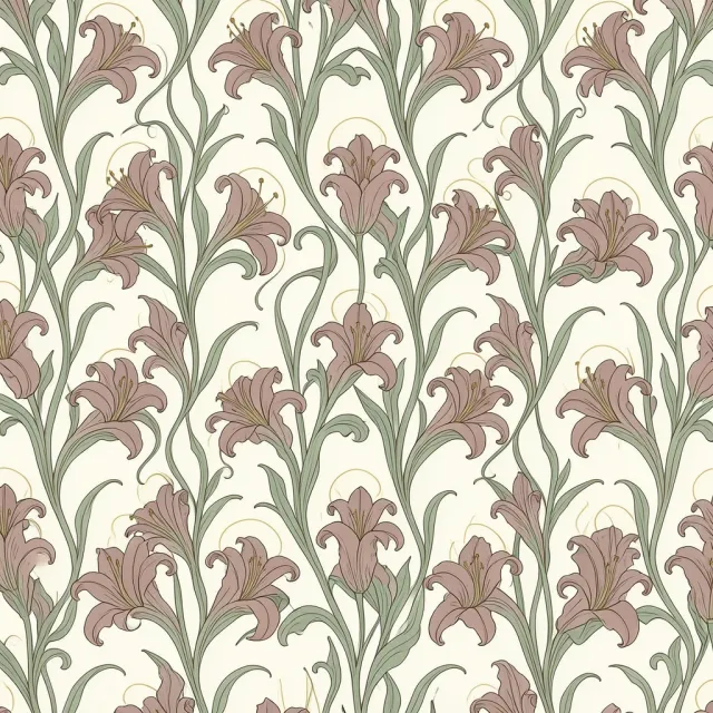 Art nouveau seamless lily pattern with sinuous curves in sage rose and antique gold on cream
