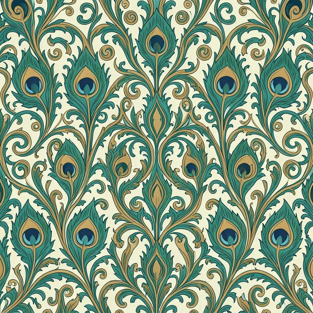 Art nouveau repeating peacock feather pattern in teal, gold, and emerald with swirling vines