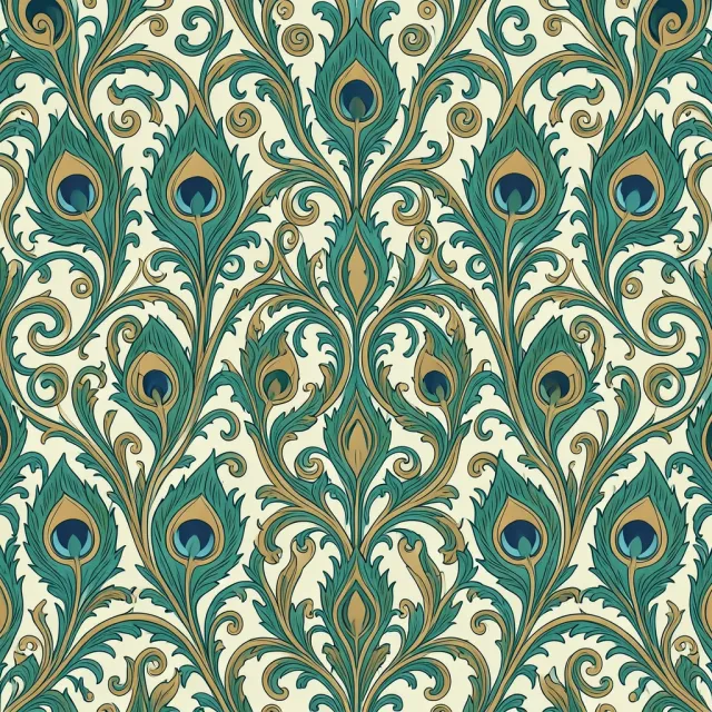 Art nouveau repeating peacock feather pattern in teal, gold, and emerald with swirling vines