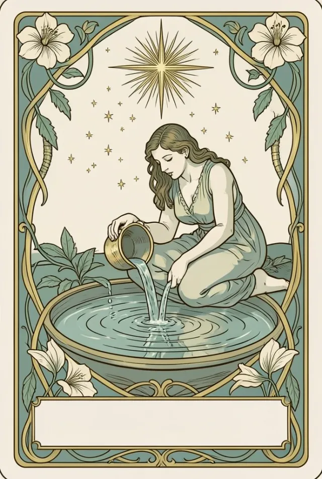 Art Nouveau tarot illustration of a figure pouring water under stars with a blank title banner