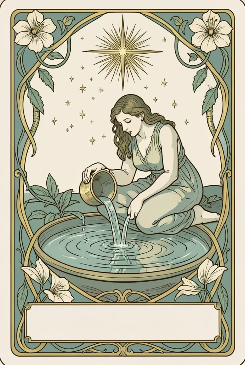 Art Nouveau tarot illustration of a figure pouring water under stars with a blank title banner