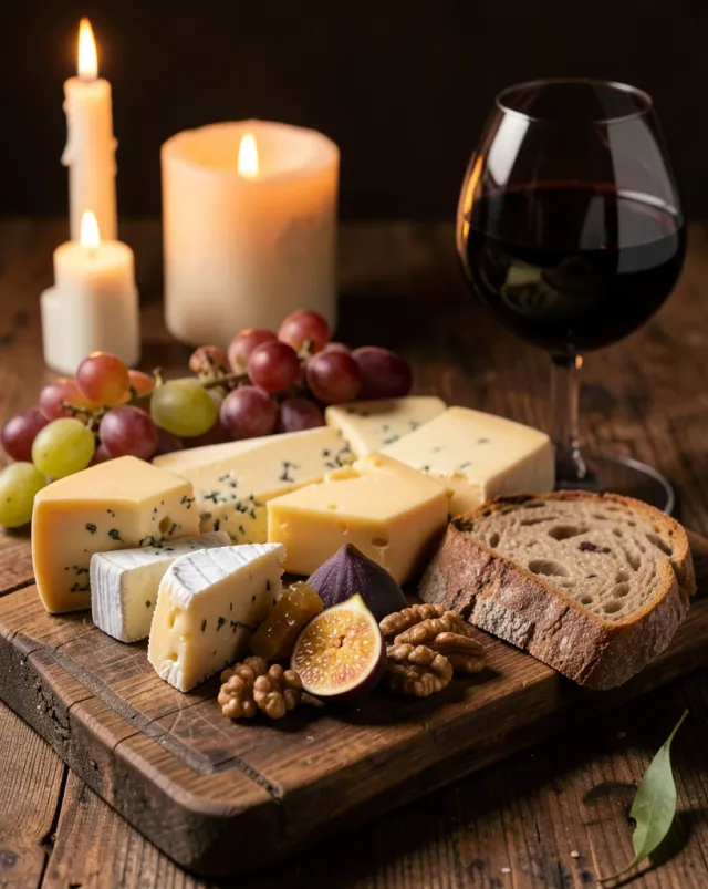 Artisan cheese board with assorted cheeses, grapes, figs, honeycomb, and red wine