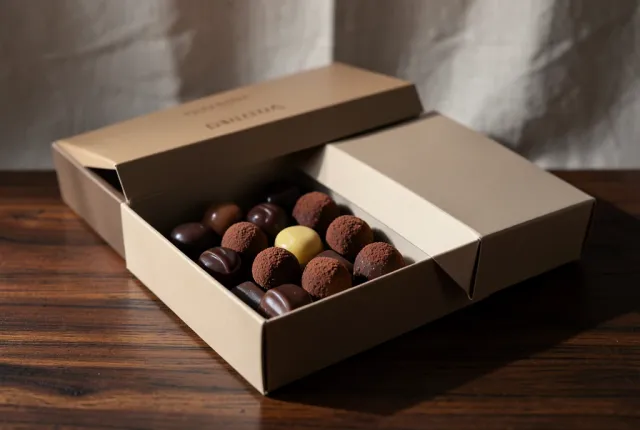 Open box of assorted artisan chocolates on a dark walnut surface in soft side window light against a neutral background