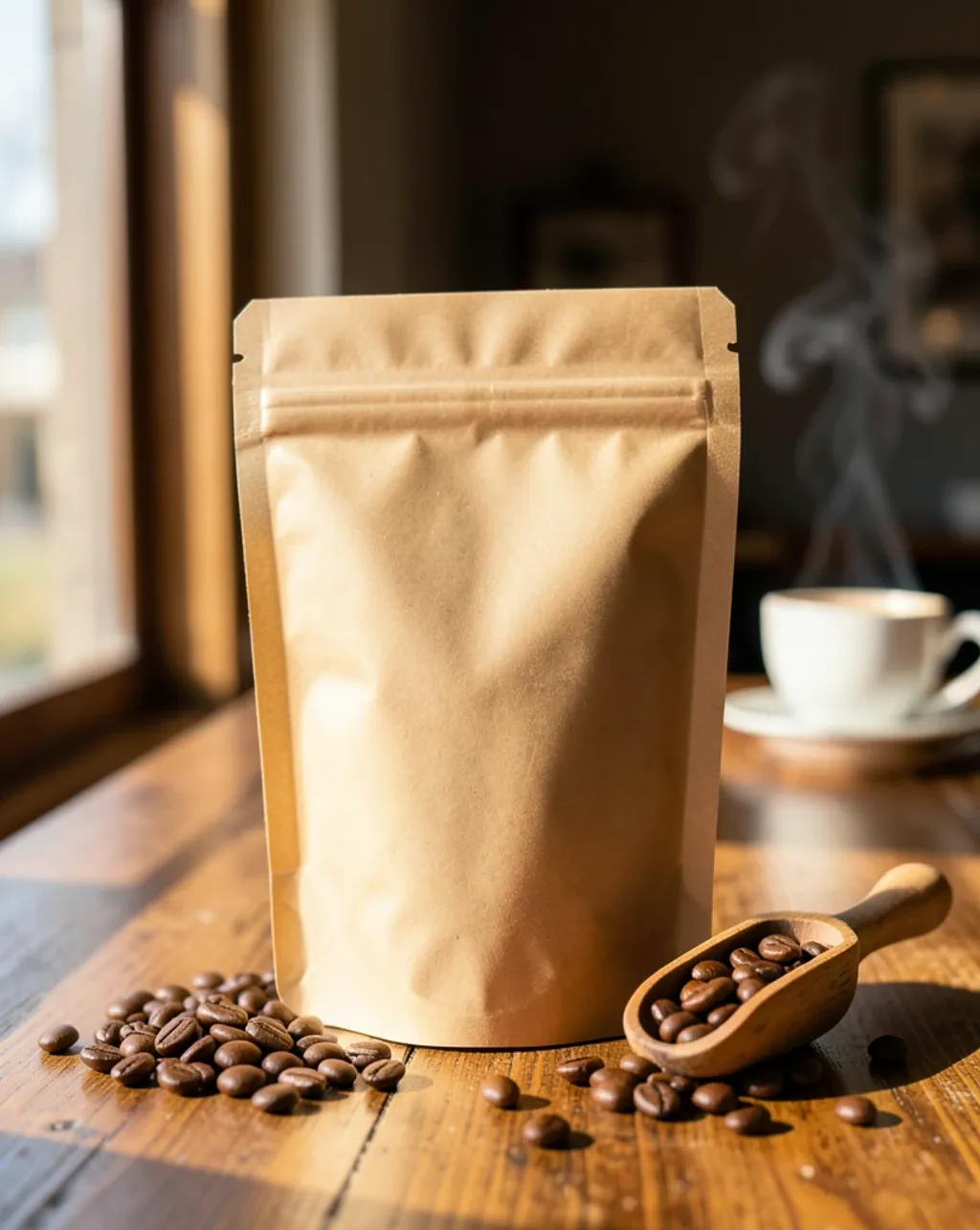 A kraft coffee bag with scattered beans in window light