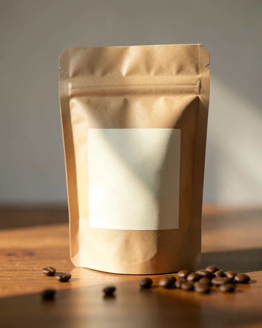 Matte kraft-paper stand-up coffee pouch on a wooden surface with scattered roasted beans in soft side window light