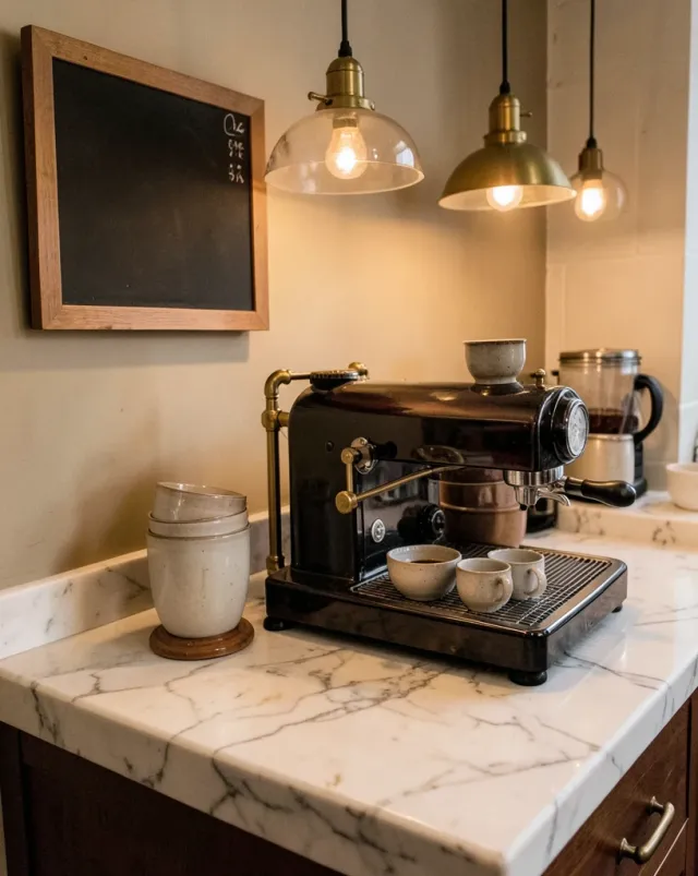 Vintage espresso machine on marble counter with brass details and warm pendant light