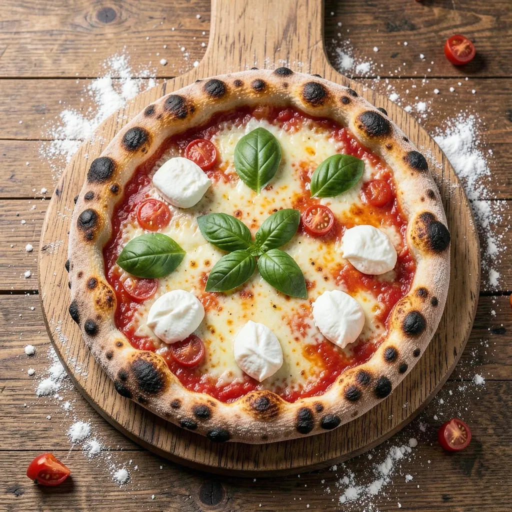 Overhead shot of a wood-fired margherita pizza with basil, mozzarella, and cherry tomatoes on a wooden board