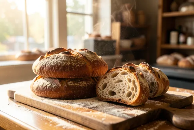Rustic sourdough loaves with crackling crusts on a floured board in warm bakery morning light