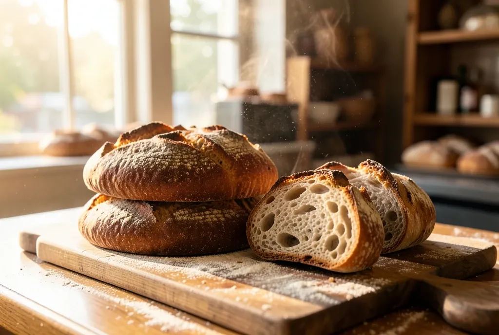 Rustic sourdough loaves with crackling crusts on a floured board in warm bakery morning light