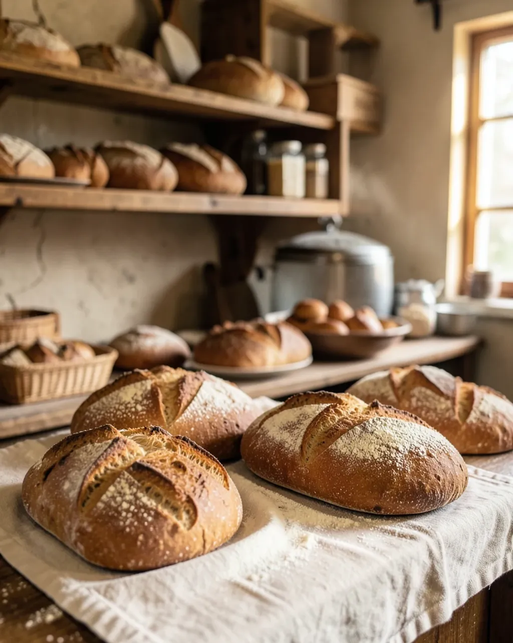 Artisan sourdough bread display with crusty boules on vintage wooden shelves