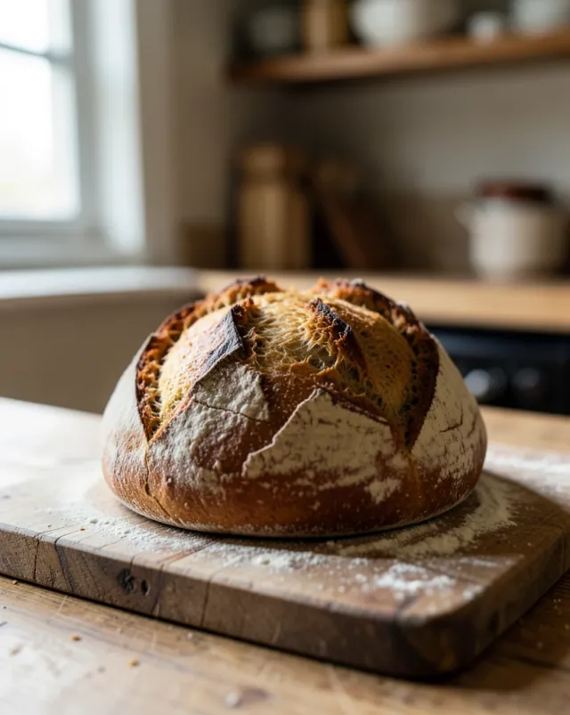 Moody artisan sourdough bread loaf on a rustic wooden board with soft window light