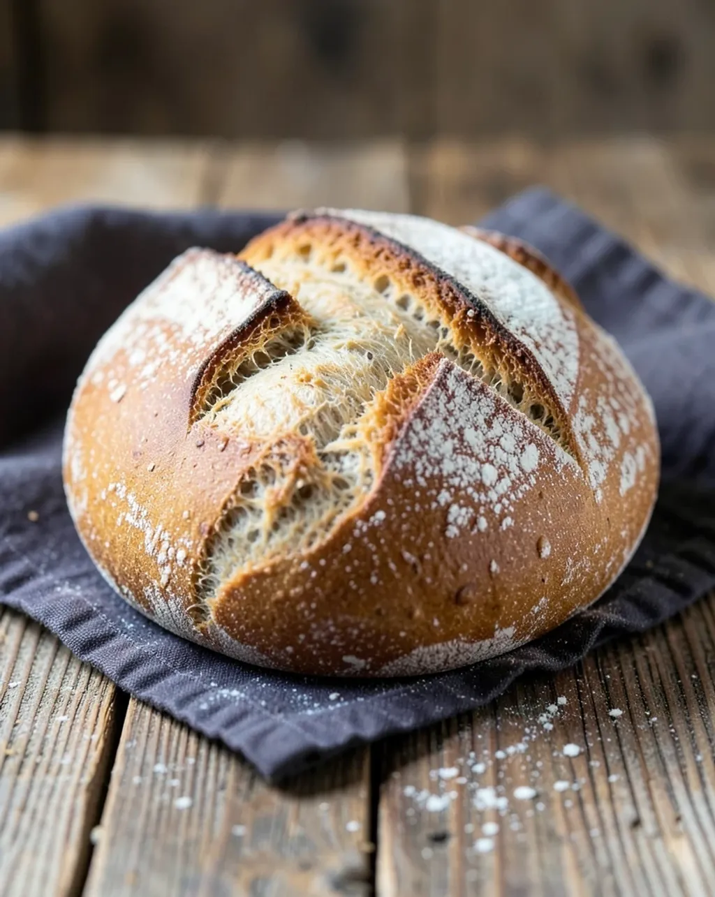 Artisan sourdough boule with scored crust and open crumb on dark linen and rustic wood