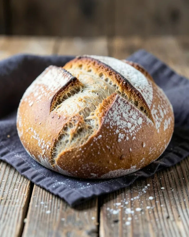 Artisan sourdough boule with scored crust and open crumb on dark linen and rustic wood