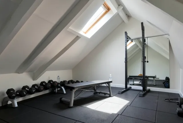 Compact attic home gym with dumbbells along a knee wall and skylight light across rubber floor