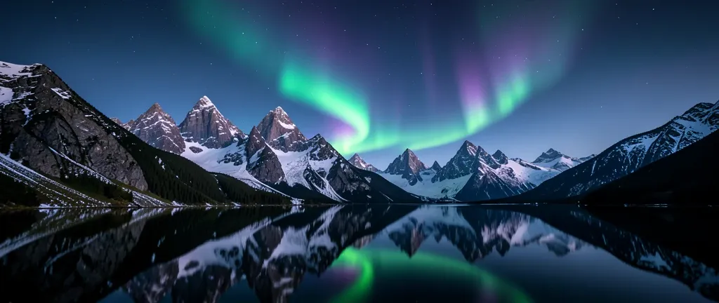 An aurora arcing over a mirror-still mountain lake ultrawide