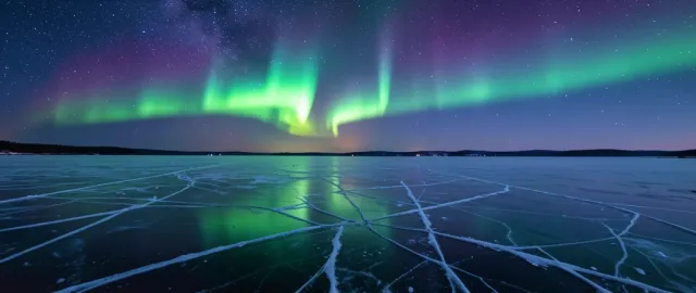 Green and violet aurora dancing above a frozen lake with cracked ice patterns in the foreground