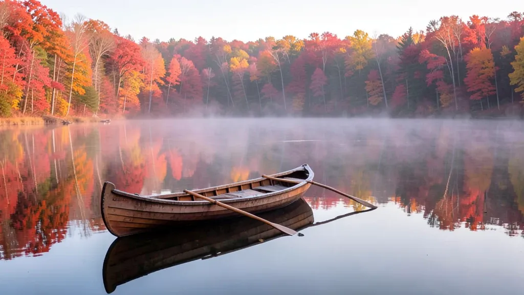 Wooden canoe on calm lake surrounded by red and orange forest reflections with soft mist rising
