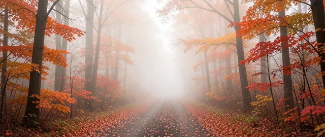 Winding forest path through autumn trees with orange and red leaves and thick morning fog