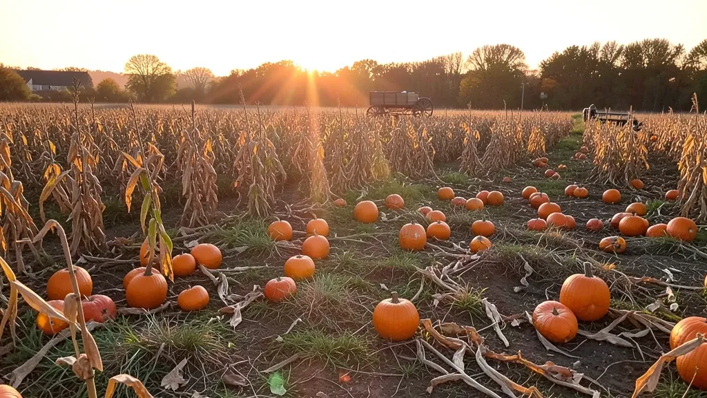 Pumpkins scattered in a field with dried cornstalks, long golden shadows, and wagon at sunset