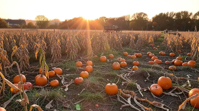 Pumpkins scattered in a field with dried cornstalks, long golden shadows, and wagon at sunset