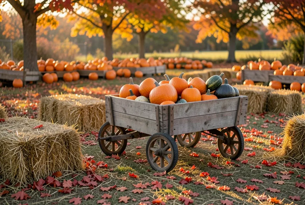 Wooden cart filled with pumpkins and gourds, hay bales, and red maple leaves in golden afternoon light