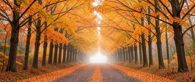 Empty winding road covered with fallen orange leaves under a dense golden autumn tree canopy