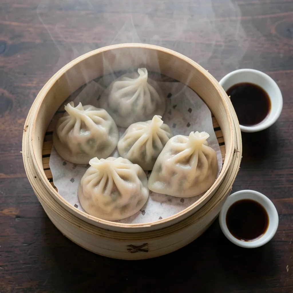 Open bamboo steamer overhead packed with pale pleated dumplings beside an unlabeled dipping sauce