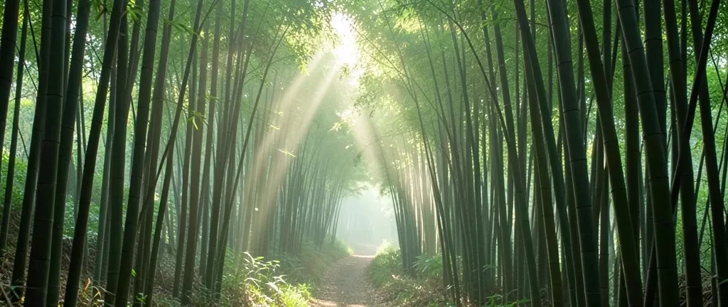 Narrow path winding through tall bamboo forest with sunlight rays piercing through green canopy