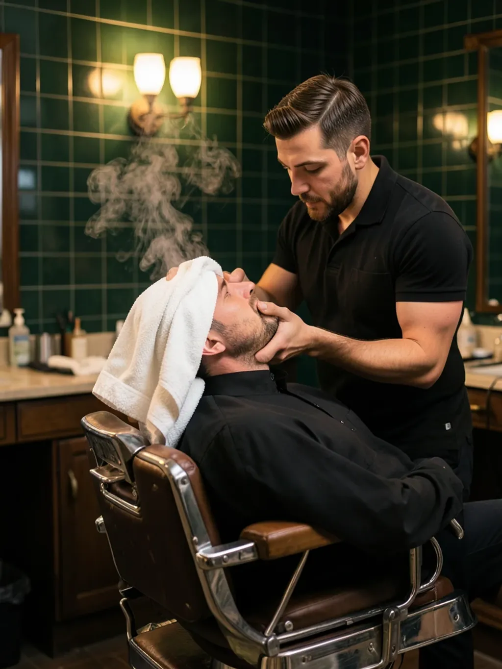 A barber wrapping a steaming hot towel around a reclined client in a vintage shop