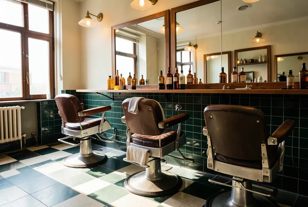 Traditional barbershop with oxblood leather chairs, green subway tile and a chequerboard floor