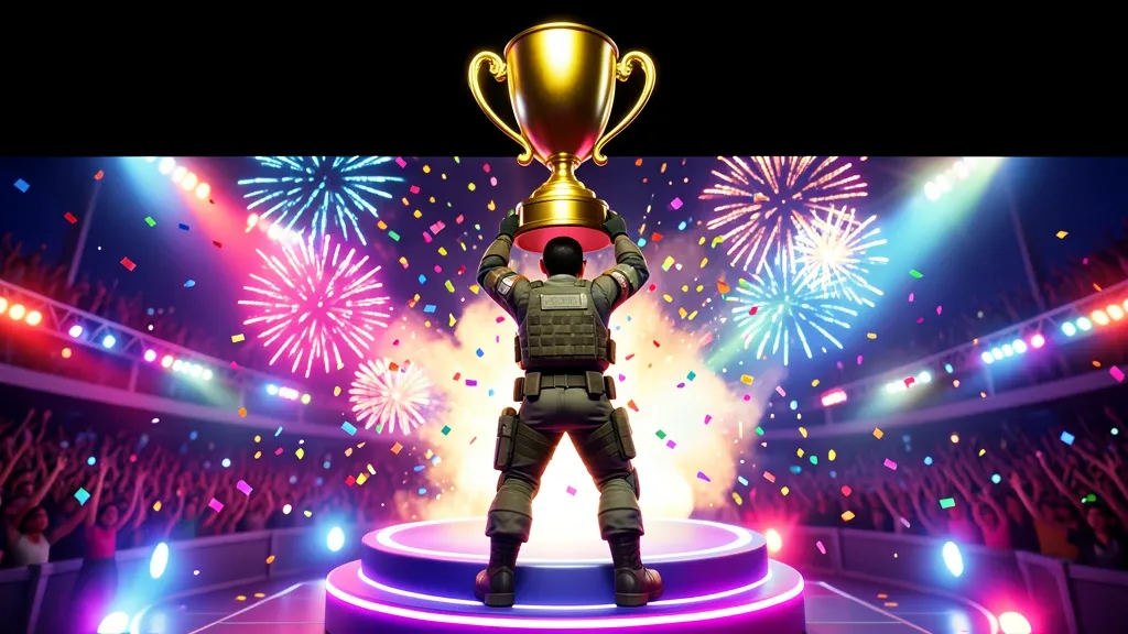 Stylized 3D game character from behind hoisting a golden trophy on a neon victory podium with confetti