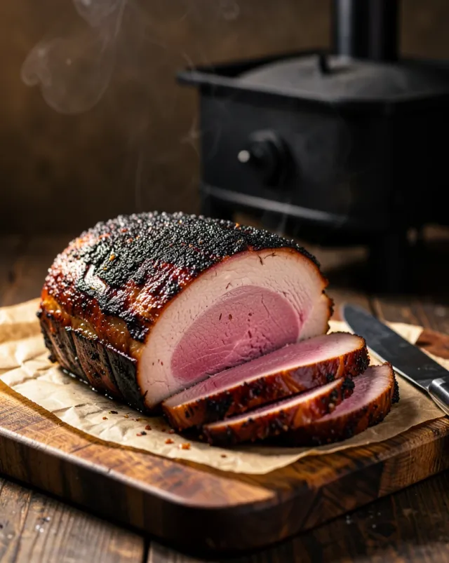 Sliced smoked brisket with dark peppery bark, a pink smoke ring and fanned slices on paper